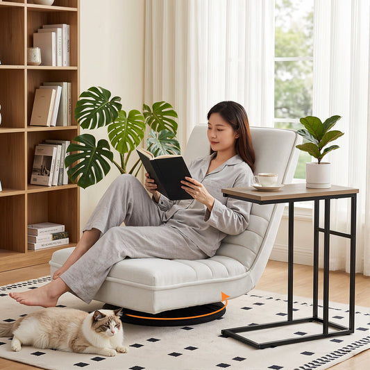 TWSC Floor Lounge & Coffee Table Set, Swviel Foldable Linen Sofa Chair White, C-Shaped Side Table Walnut