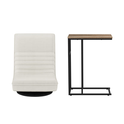 TWSC Floor Lounge & Coffee Table Set, Swviel Foldable Linen Sofa Chair White, C-Shaped Side Table Walnut