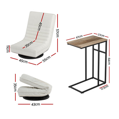 TWSC Floor Lounge & Coffee Table Set, Swviel Foldable Linen Sofa Chair White, C-Shaped Side Table Walnut