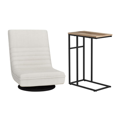 TWSC Floor Lounge & Coffee Table Set, Swviel Foldable Linen Sofa Chair White, C-Shaped Side Table Walnut