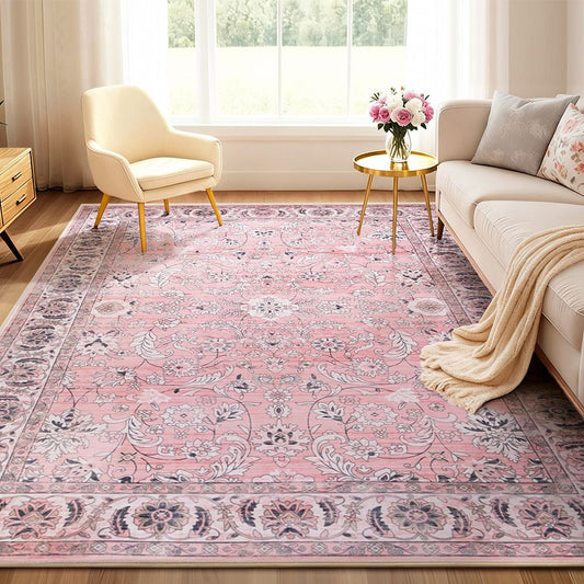 Vintage Floral Washable Area Rug – Large 240x340cm, Low-Profile Polyester