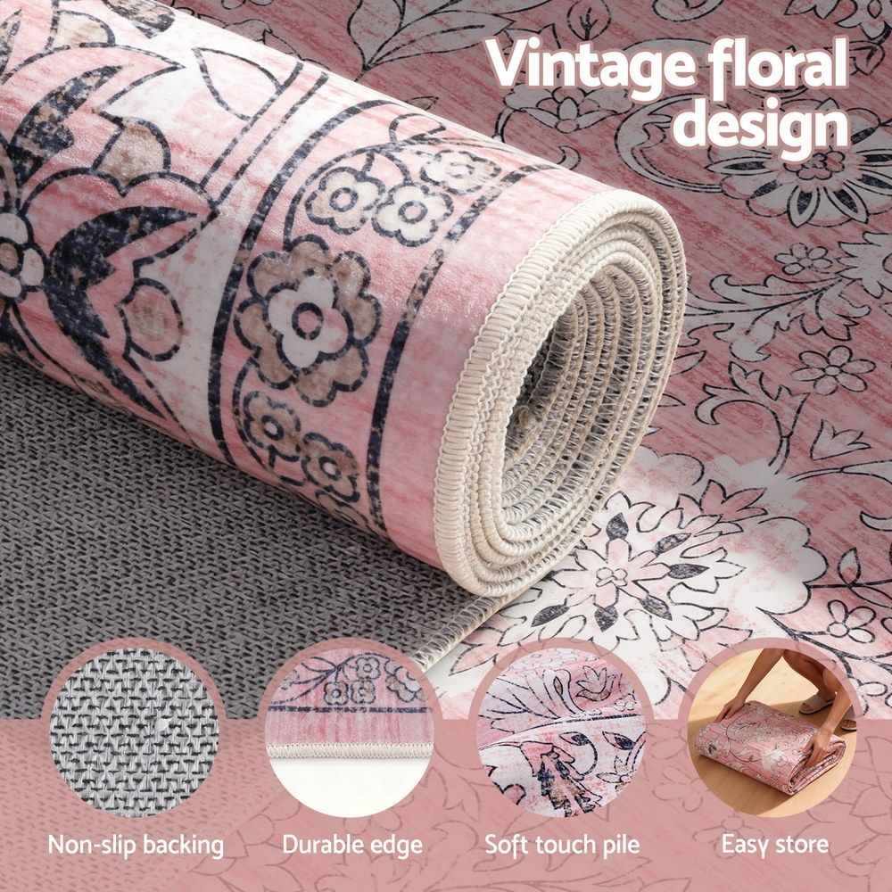 Vintage Floral Washable Area Rug – Large 240x340cm, Low-Profile Polyester