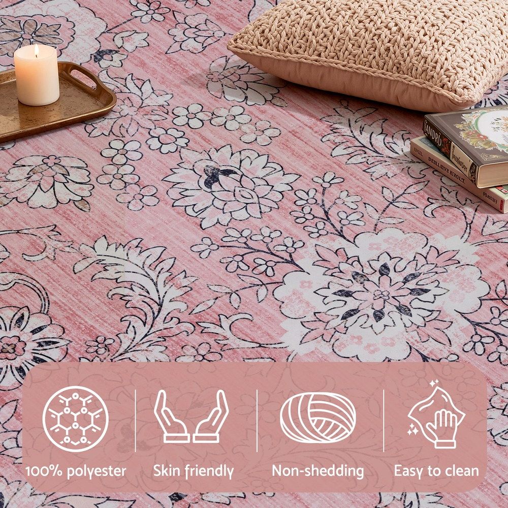Vintage Floral Washable Area Rug – Large 240x340cm, Low-Profile Polyester