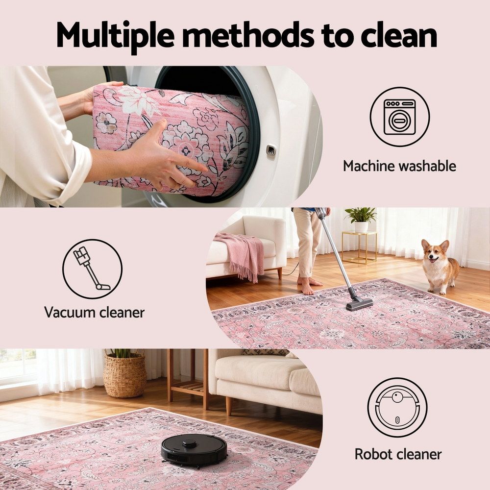 Vintage Floral Washable Area Rug – Large 240x340cm, Low-Profile Polyester
