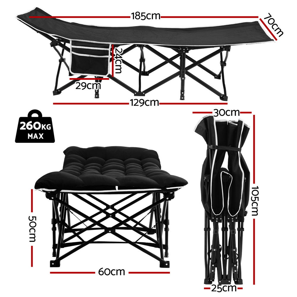 Folding Bed with Mattress – Heavy Duty, Black, 185cm