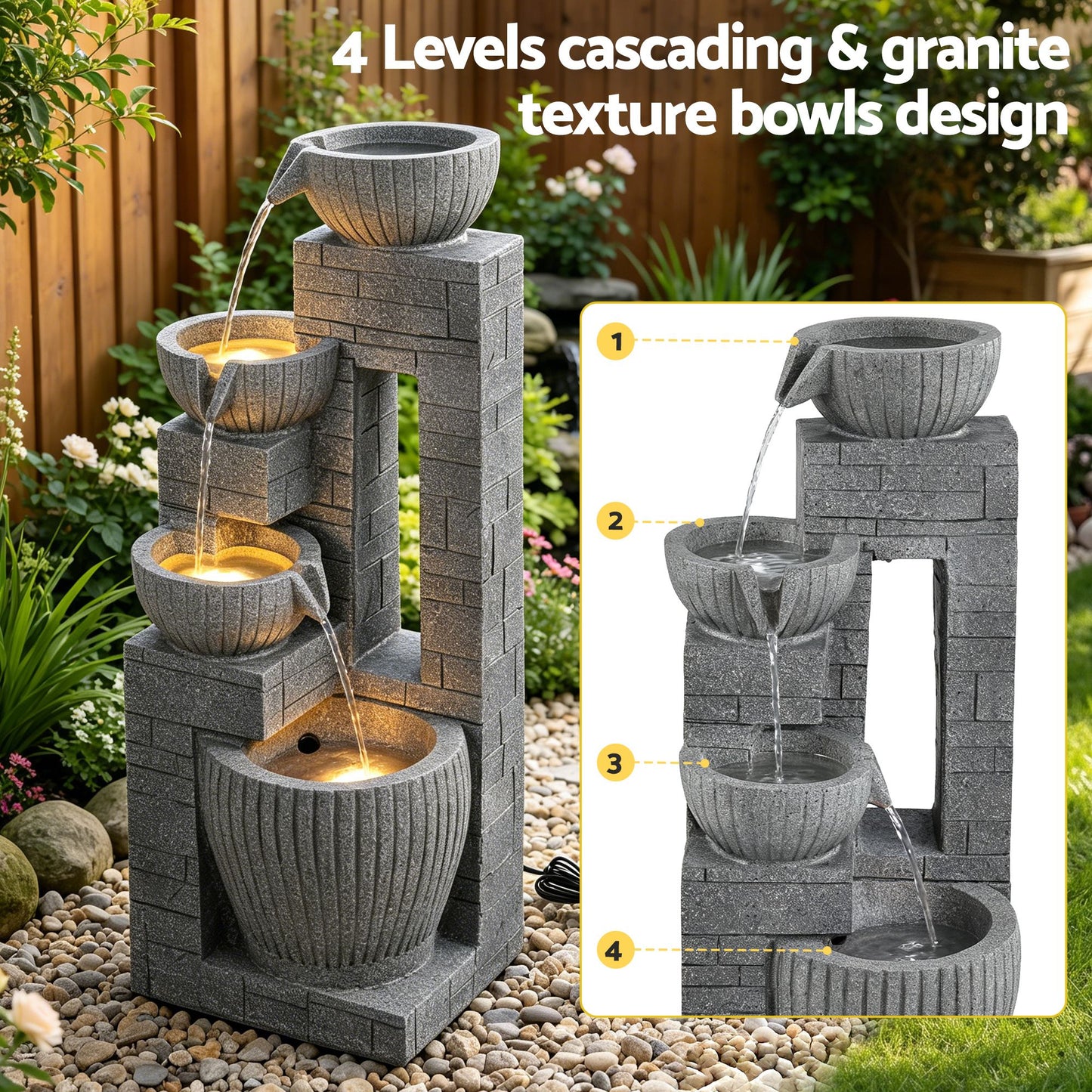 Gardeon Solar Fountains Water Features Cascading Design Polyresin 80cm Grey