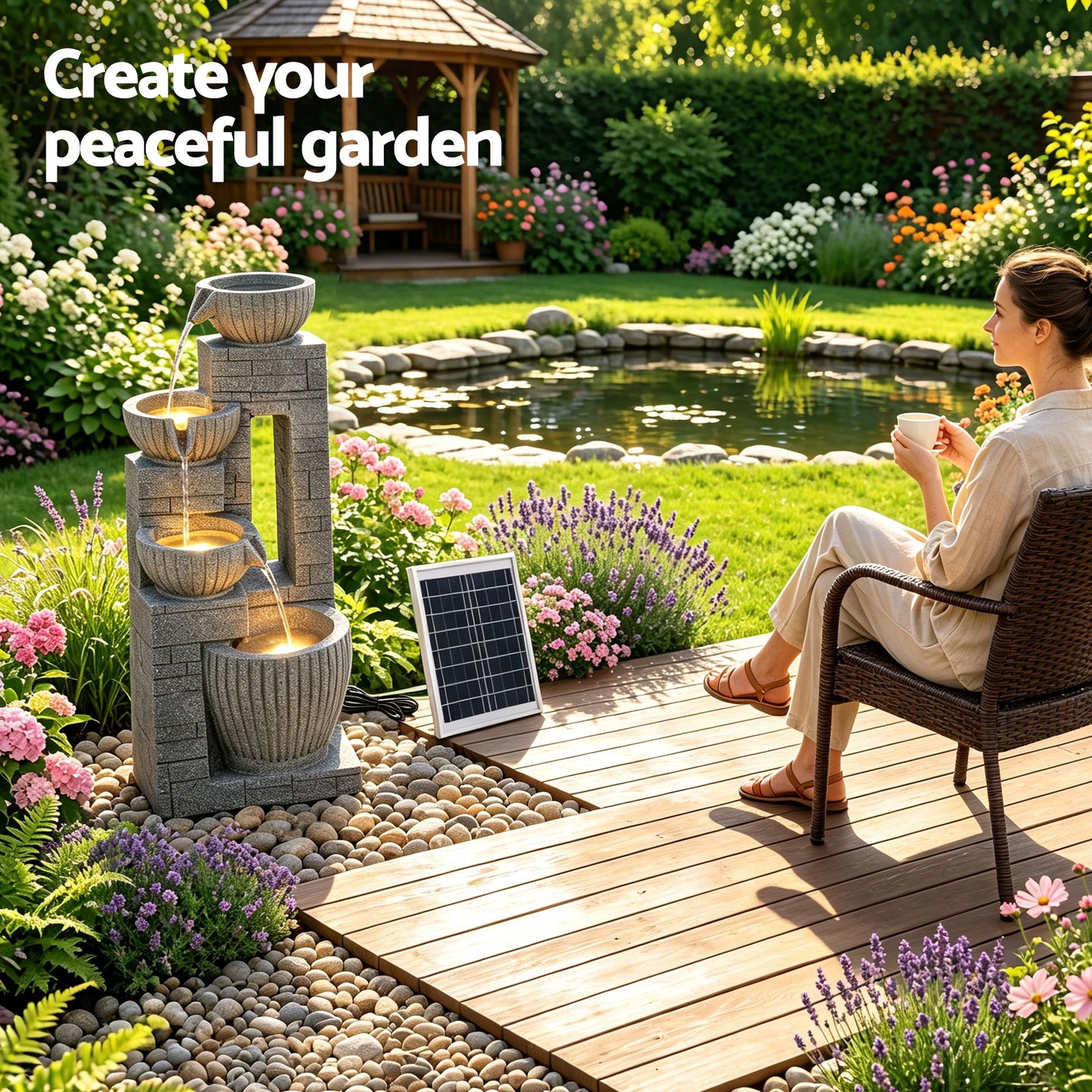Gardeon Solar Fountains Water Features Cascading Design Polyresin 80cm Grey