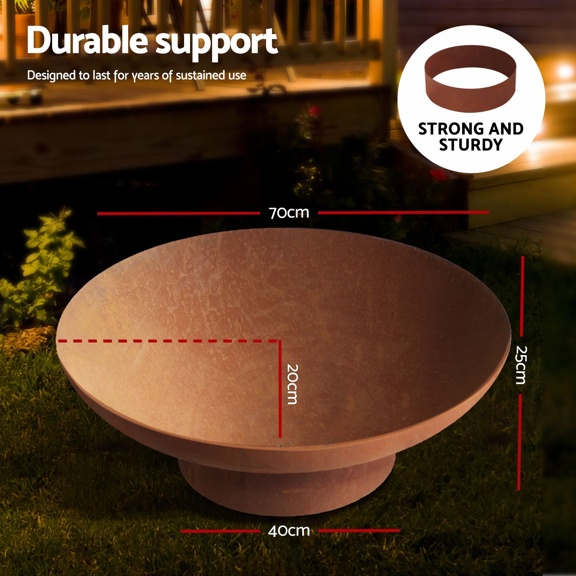 Rustic cast iron fire pit bowl by The Willow Stone Collective, 70cm steel fire pit with natural rust finish for outdoor warmth.