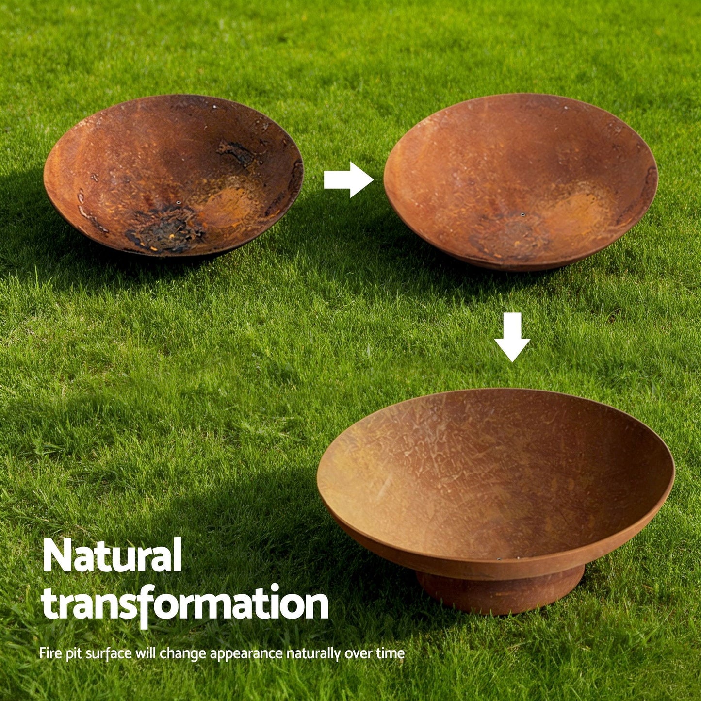 Rustic cast iron fire pit bowl with natural rust finish, 70cm diameter, durable steel for outdoor home and garden use.