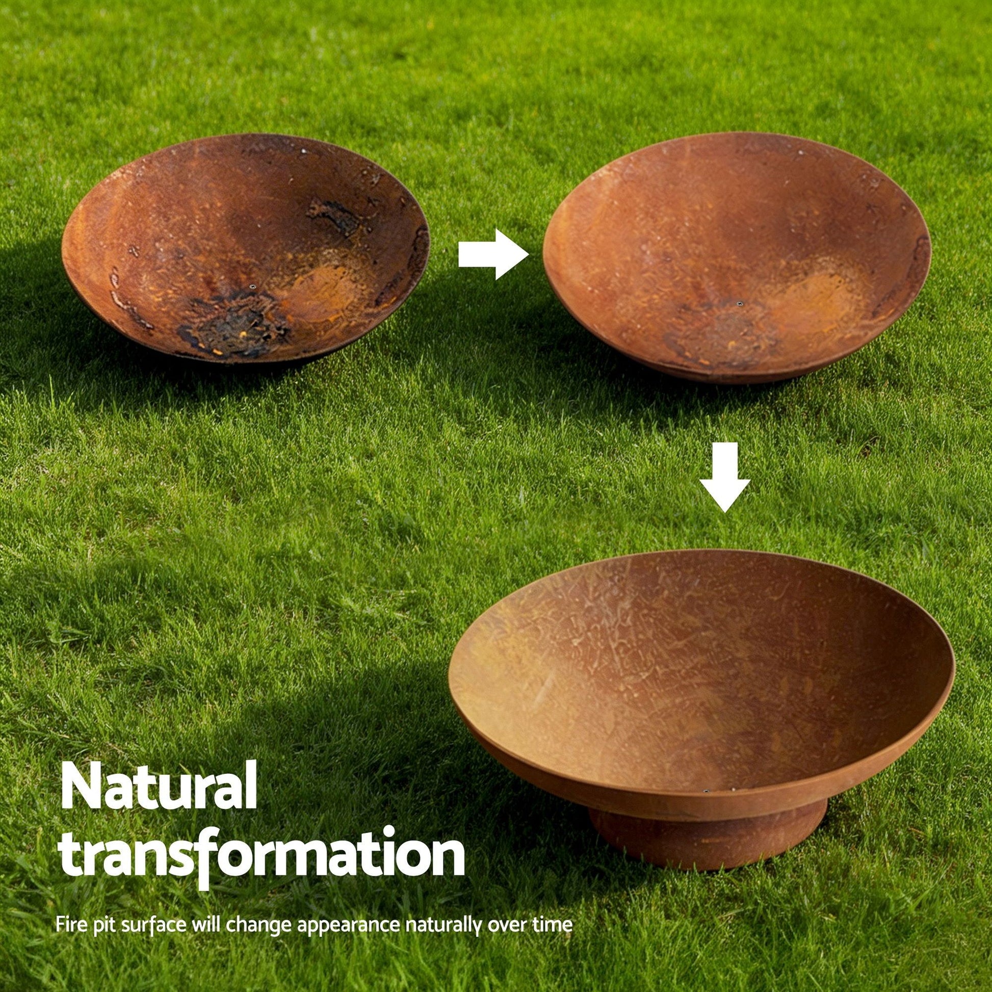 Rustic cast iron fire pit bowl with natural rust finish, 70cm diameter, durable steel for outdoor home and garden use.