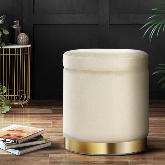 TWSC Ottoman Storage Foot Stool Round Velvet Cream