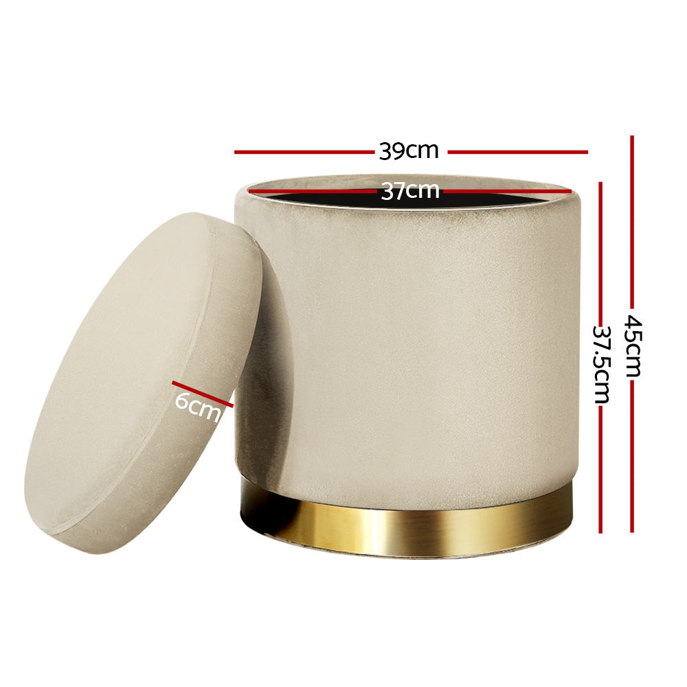 TWSC Ottoman Storage Foot Stool Round Velvet Cream