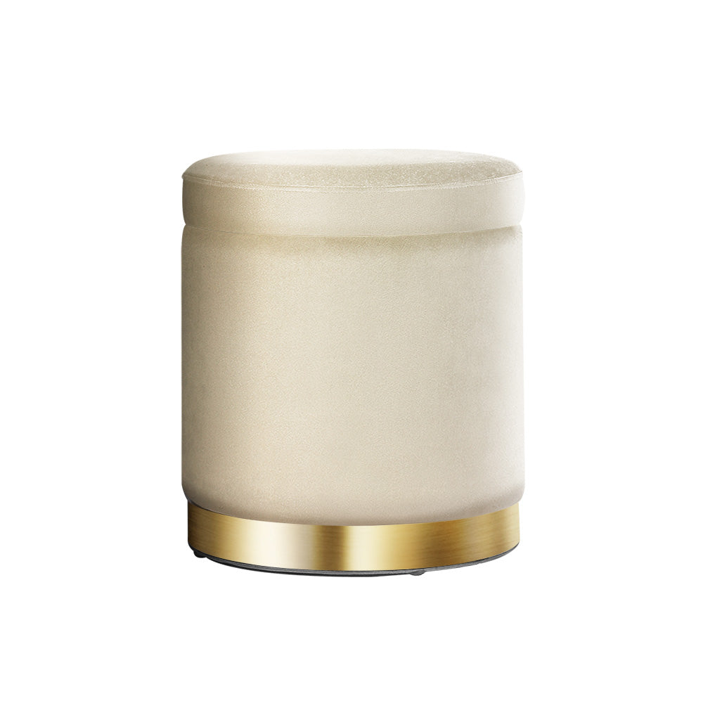 TWSC Ottoman Storage Foot Stool Round Velvet Cream