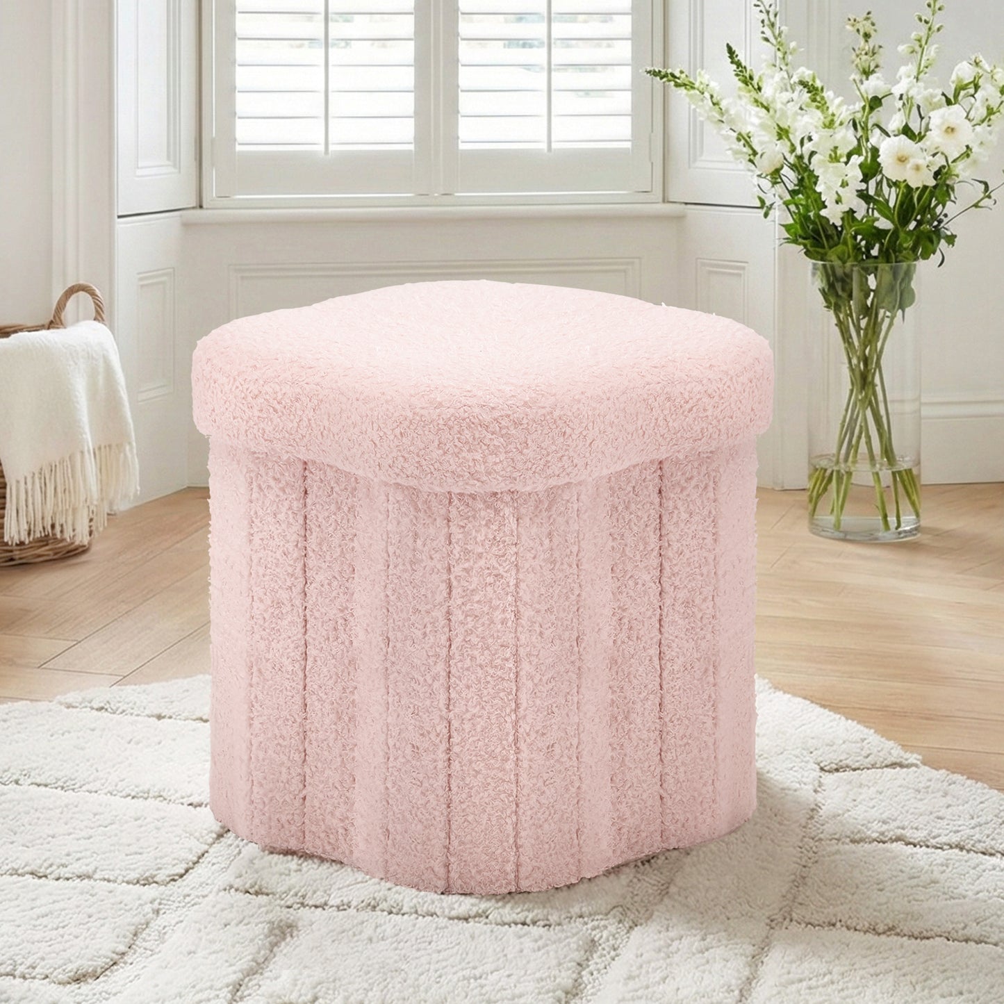 Storage Ottoman Footstool – Foldable Pink Boucle