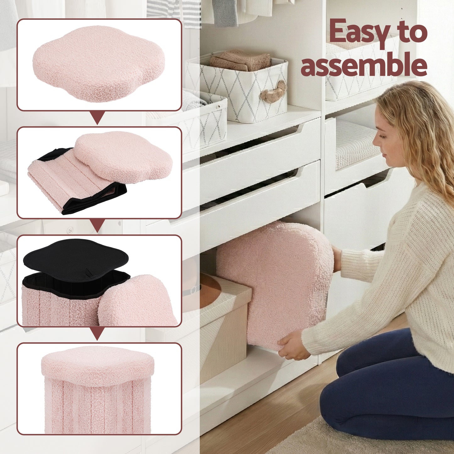 Storage Ottoman Footstool – Foldable Pink Boucle