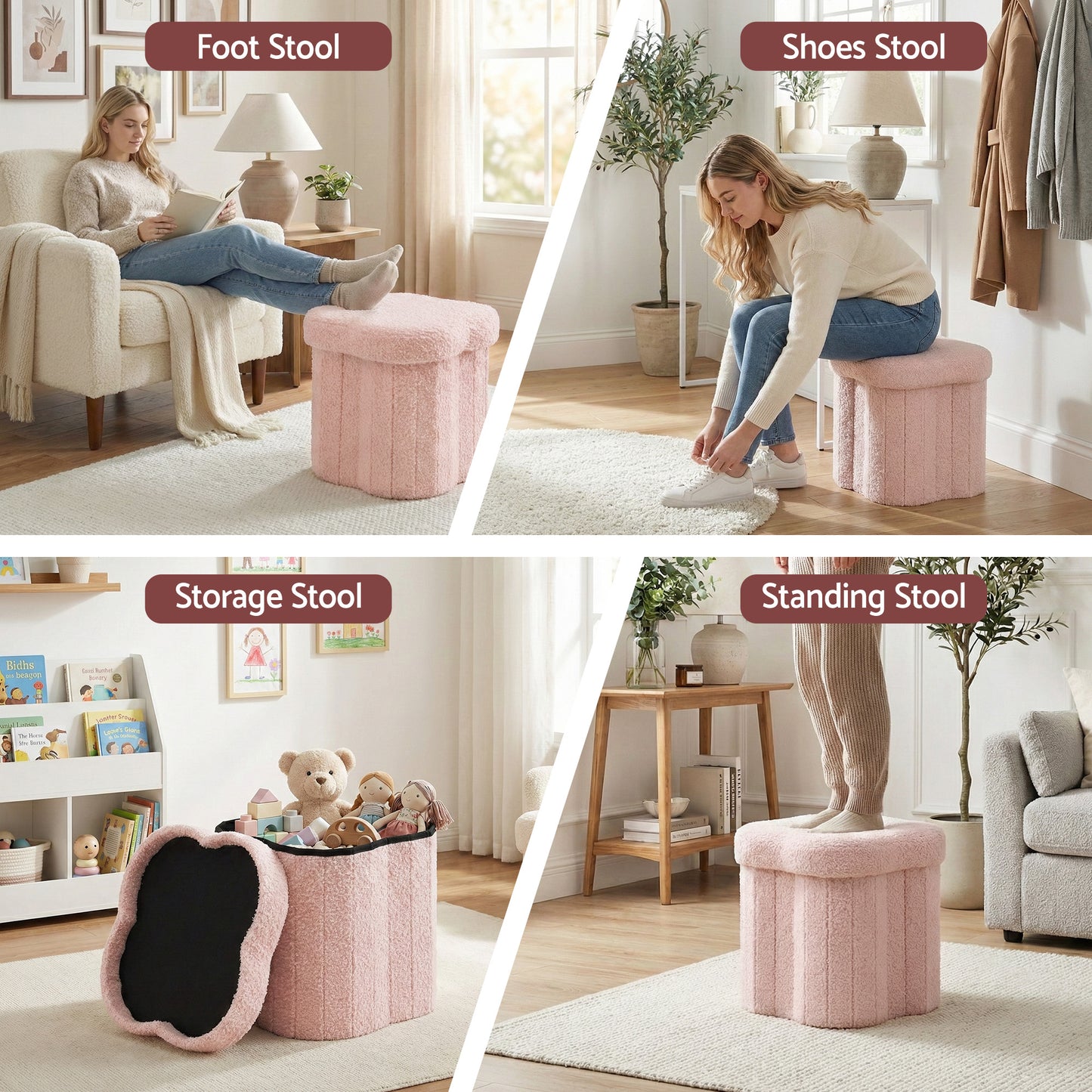 Storage Ottoman Footstool – Foldable Pink Boucle