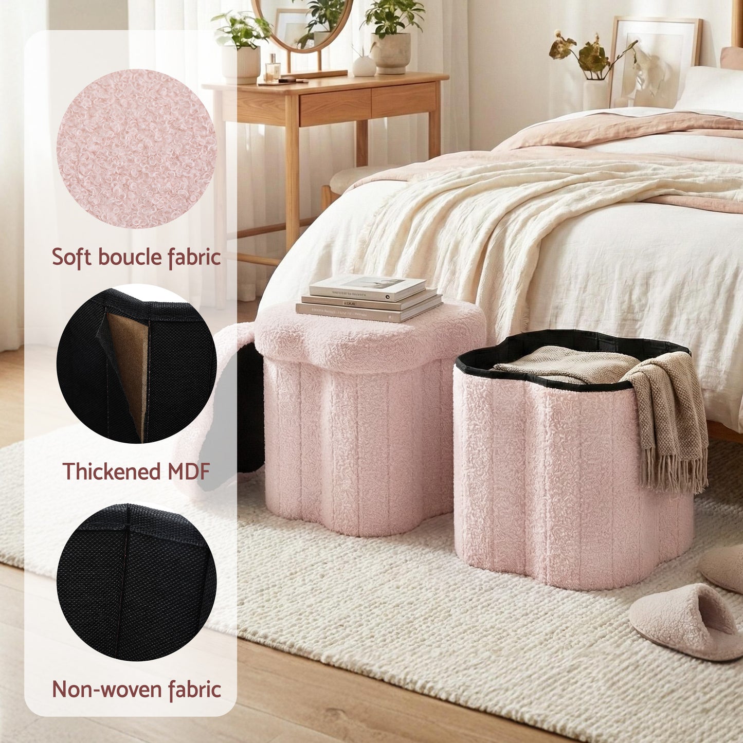 Storage Ottoman Footstool – Foldable Pink Boucle