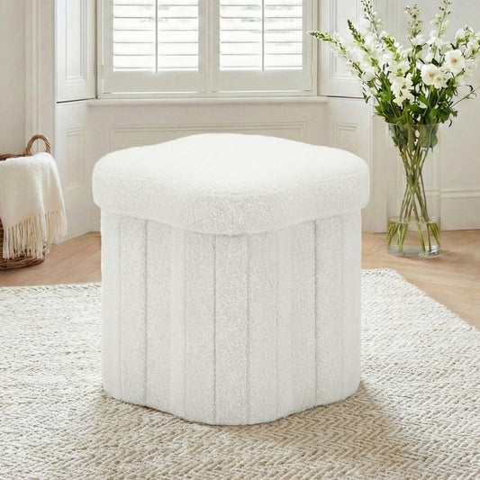 Storage Ottoman Footstool – Foldable White Boucle Fabric