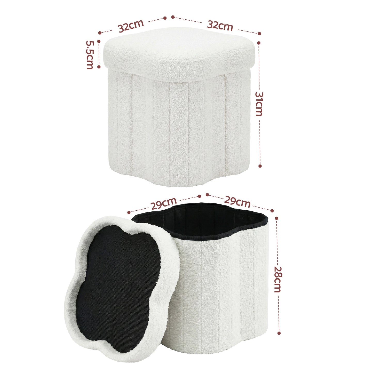 Storage Ottoman Footstool – Foldable White Boucle Fabric