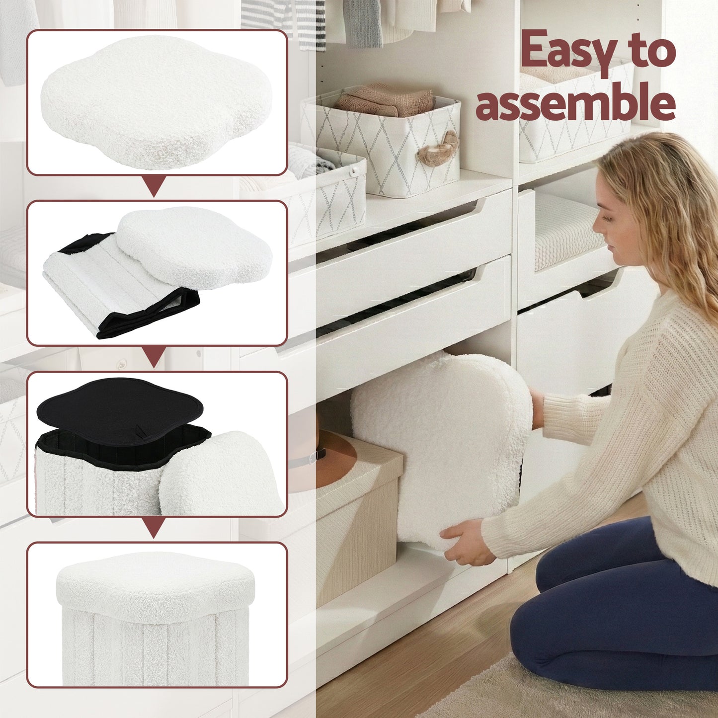 Storage Ottoman Footstool – Foldable White Boucle Fabric