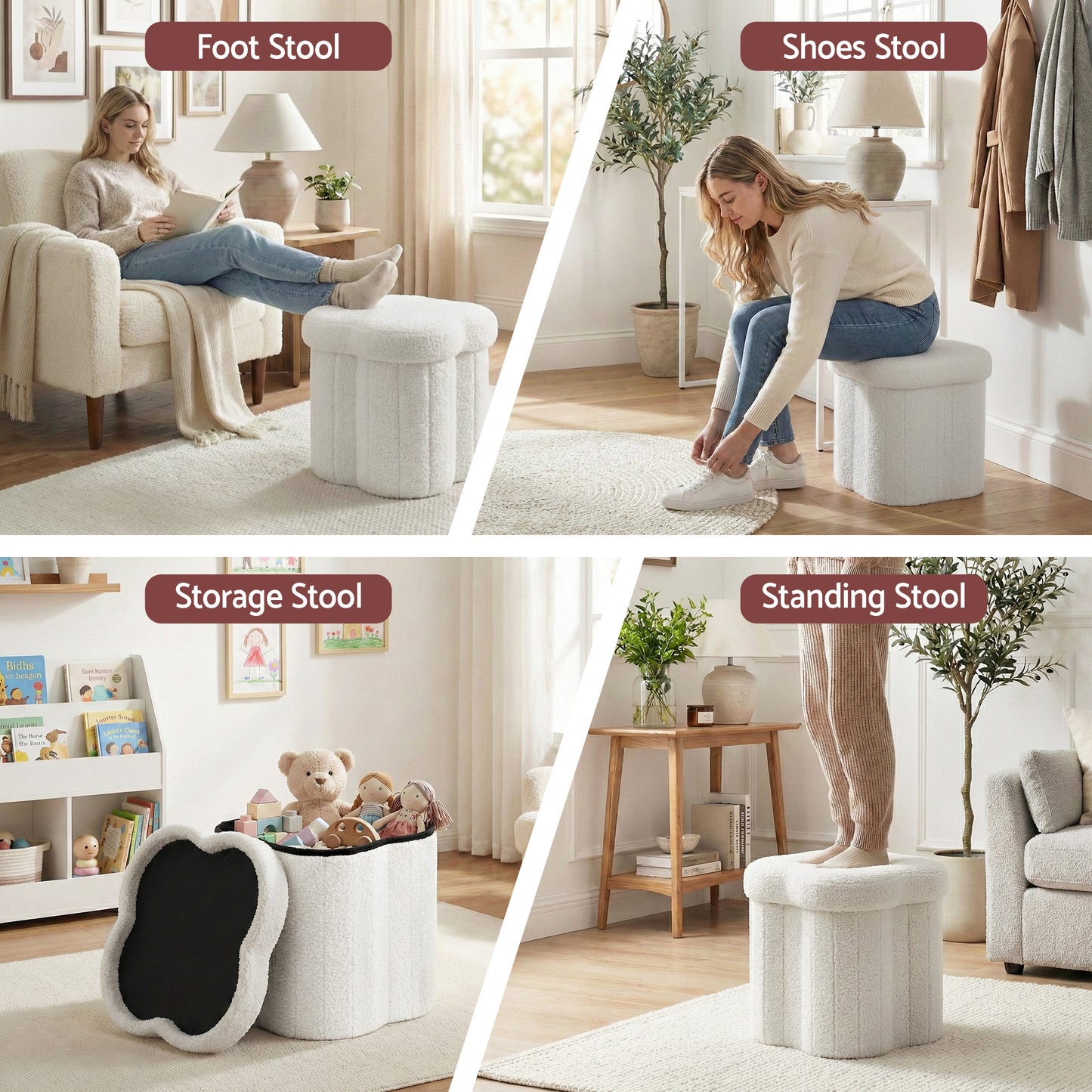 Storage Ottoman Footstool – Foldable White Boucle Fabric
