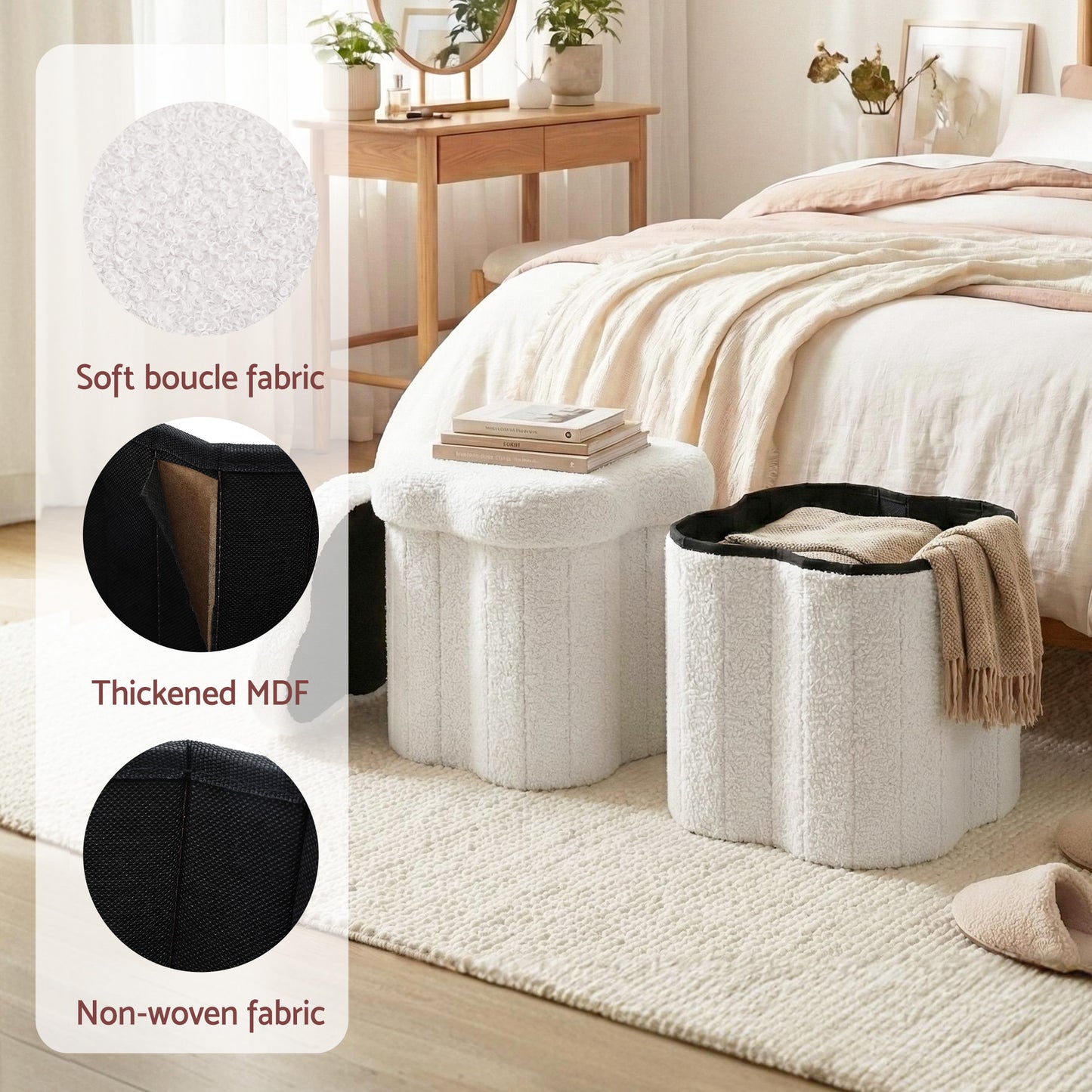 Storage Ottoman Footstool – Foldable White Boucle Fabric