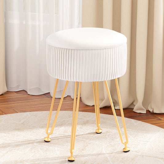 Ottoman Storage Footstool – Velvet, Round, White
