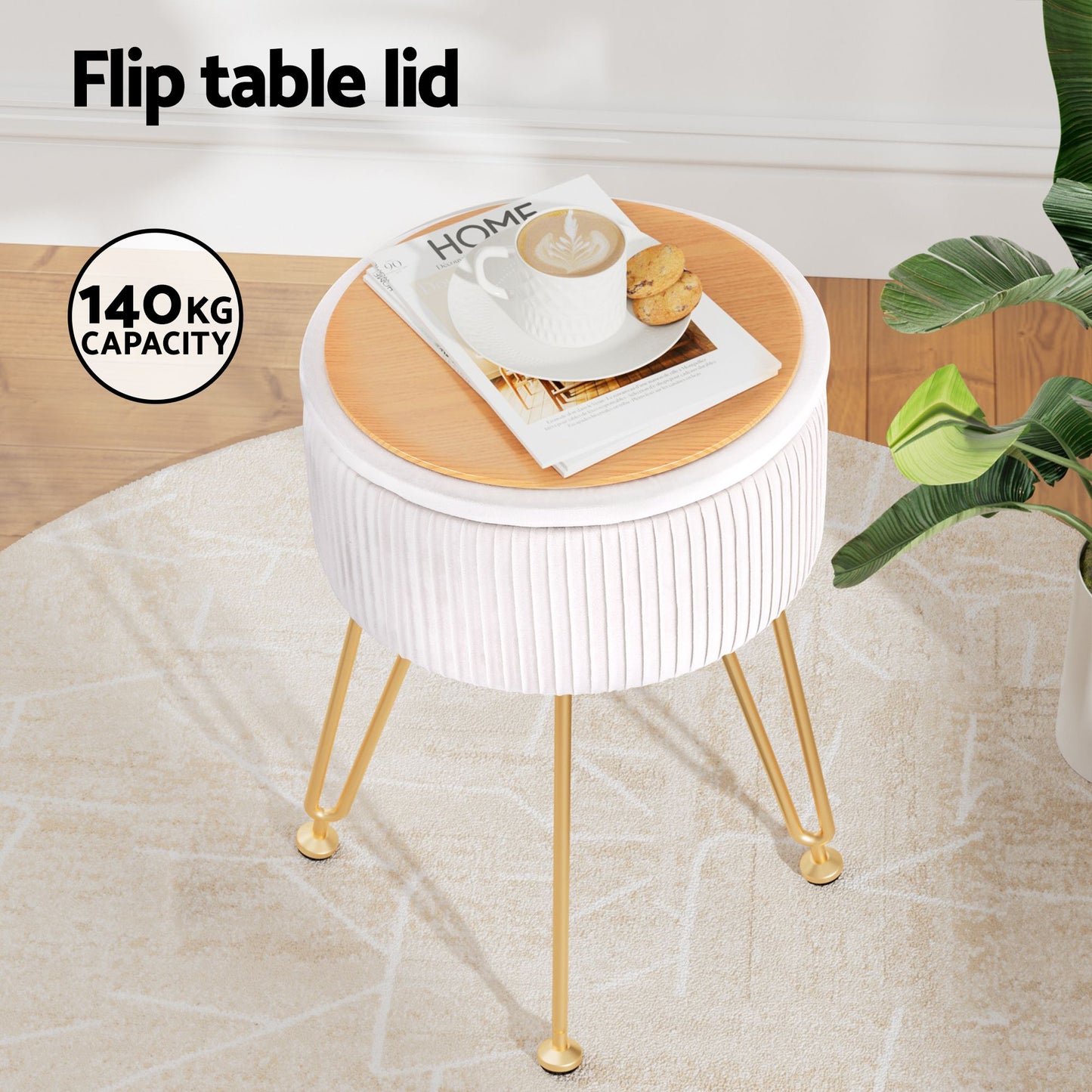Ottoman Storage Footstool – Velvet, Round, White