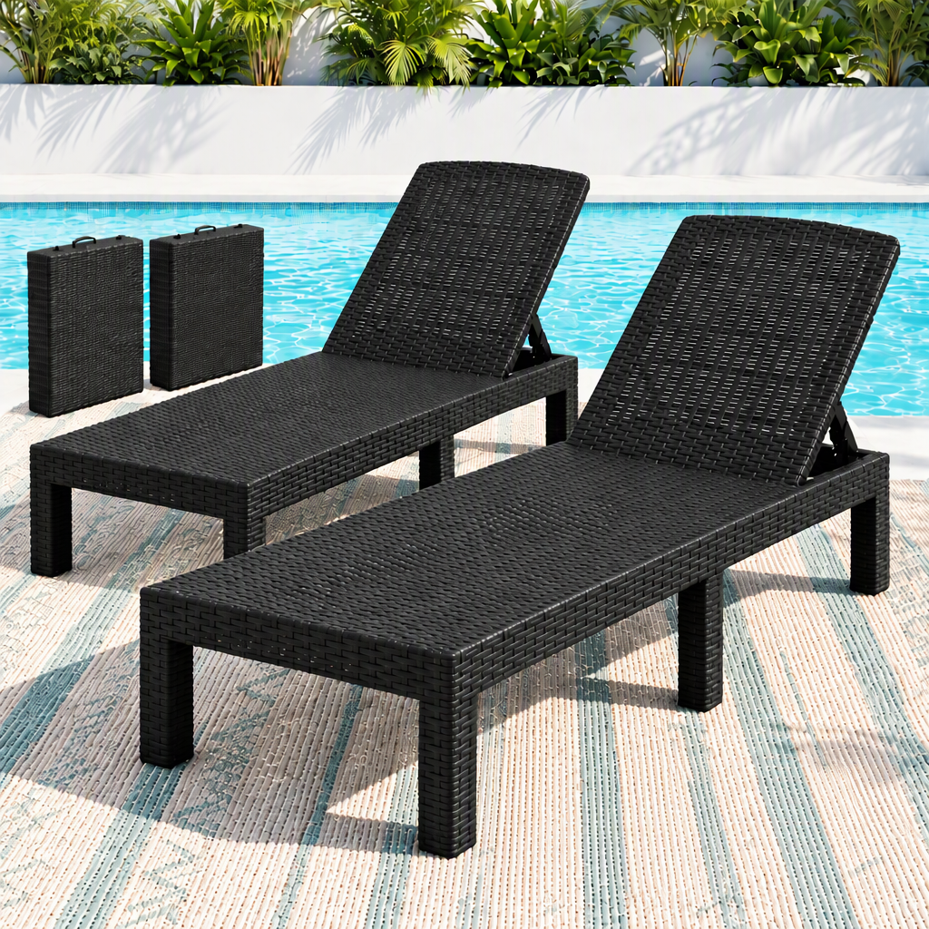 TWSC 2X Foldable Sun Lounges Outdoor Recliner Patio Beach Chair Rattan Black