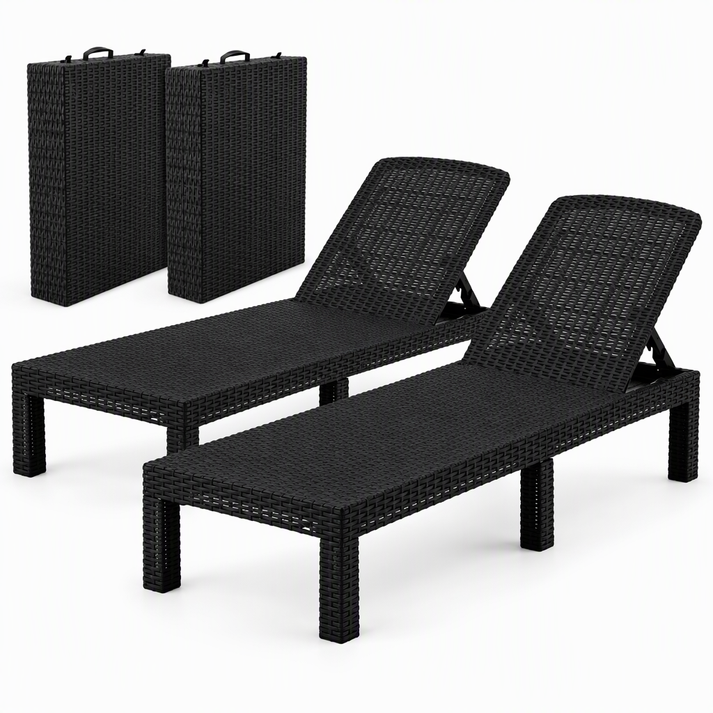 TWSC 2X Foldable Sun Lounges Outdoor Recliner Patio Beach Chair Rattan Black