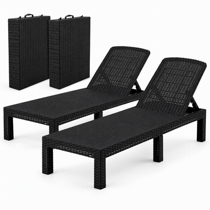 TWSC 2X Foldable Sun Lounges Outdoor Recliner Patio Beach Chair Rattan Black