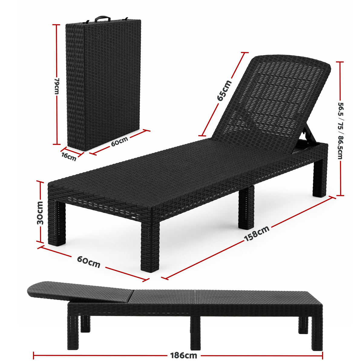 TWSC 2X Foldable Sun Lounges Outdoor Recliner Patio Beach Chair Rattan Black