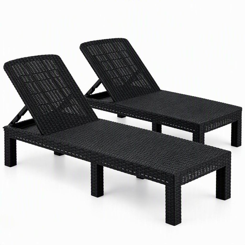 TWSC 2X Foldable Sun Lounges Outdoor Recliner Patio Beach Chair Rattan Black