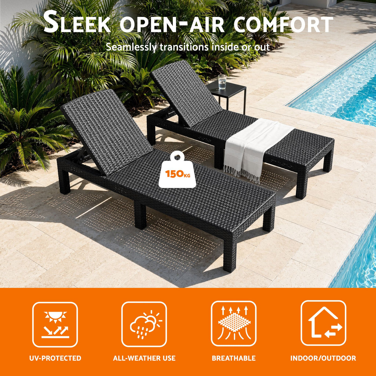 TWSC 2X Foldable Sun Lounges Outdoor Recliner Patio Beach Chair Rattan Black