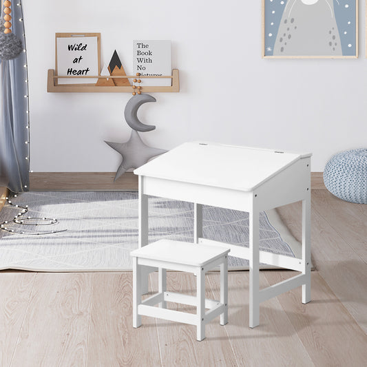 Kids Lift-Top Desk and Stool – Inclined Top with Storage, White MDF