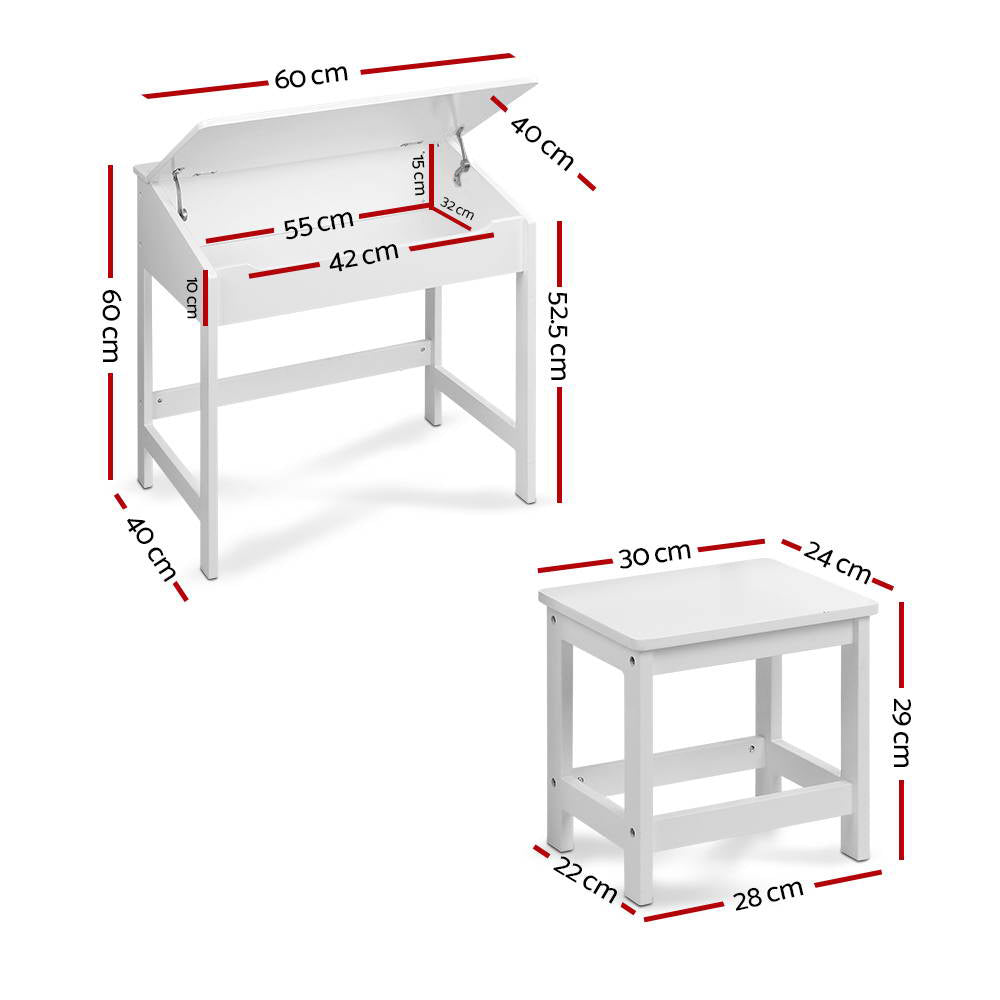Kids Lift-Top Desk and Stool – Inclined Top with Storage, White MDF