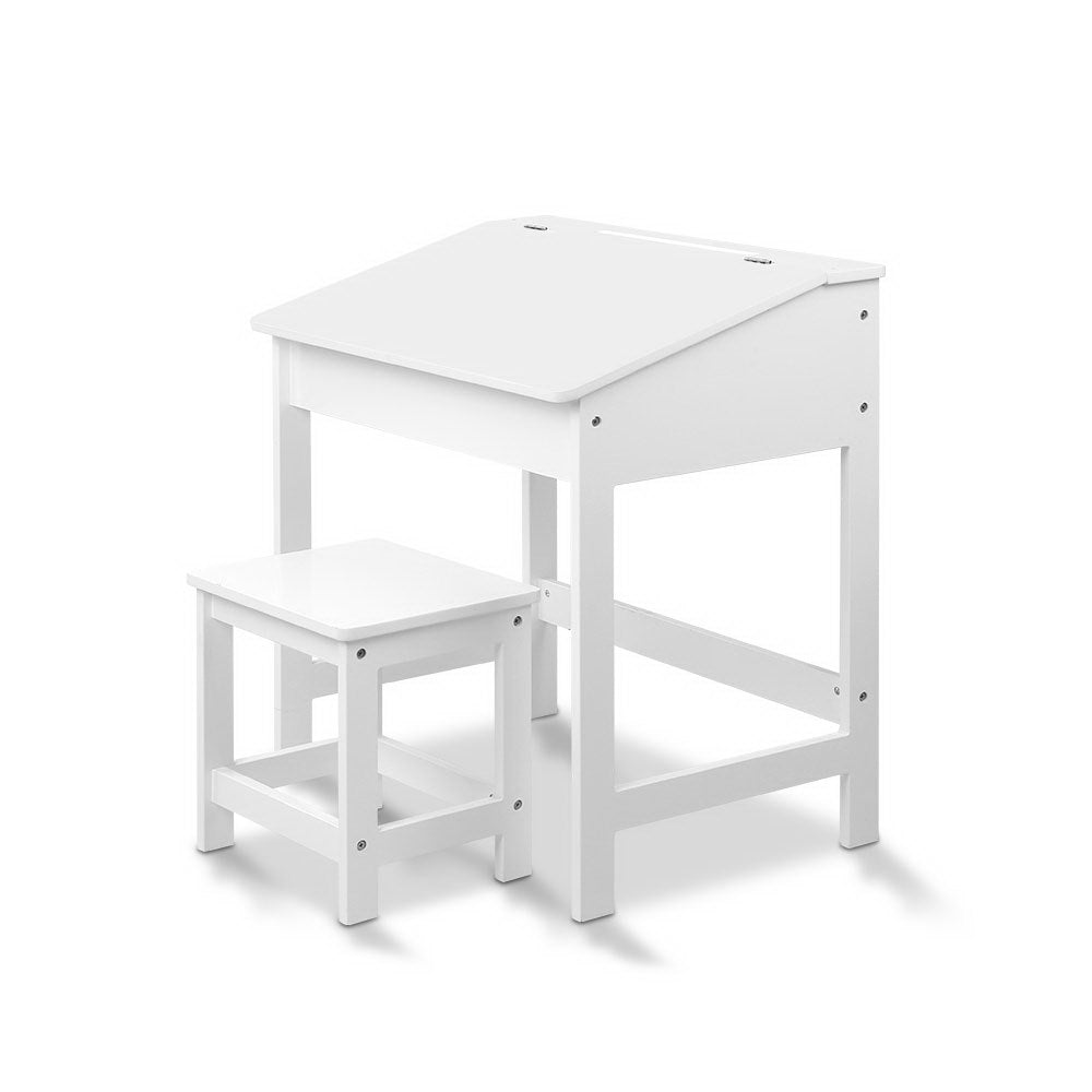 Kids Lift-Top Desk and Stool – Inclined Top with Storage, White MDF