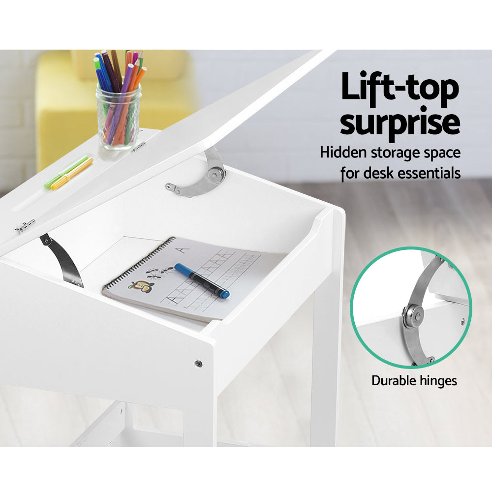Kids Lift-Top Desk and Stool – Inclined Top with Storage, White MDF