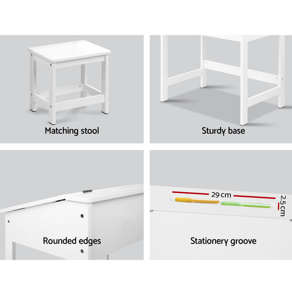 Kids Lift-Top Desk and Stool – Inclined Top with Storage, White MDF
