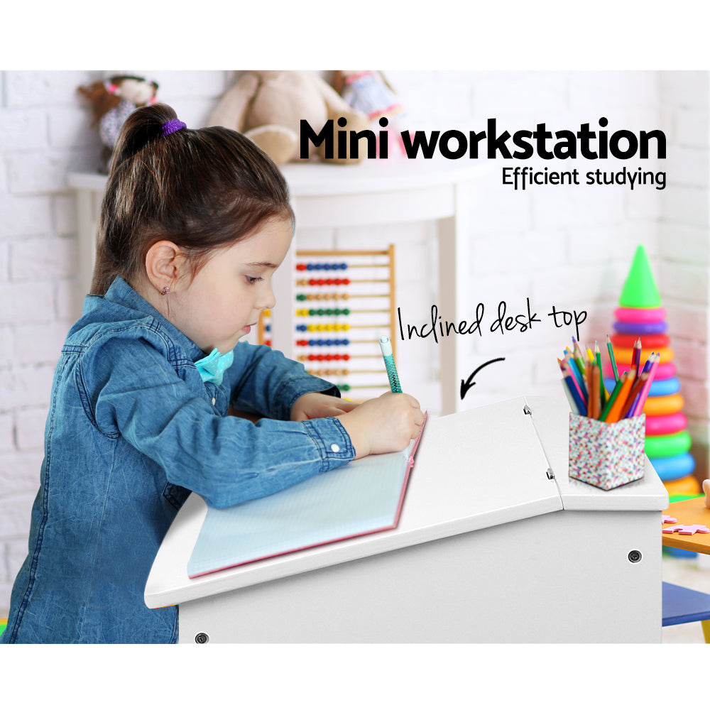 Kids Lift-Top Desk and Stool – Inclined Top with Storage, White MDF
