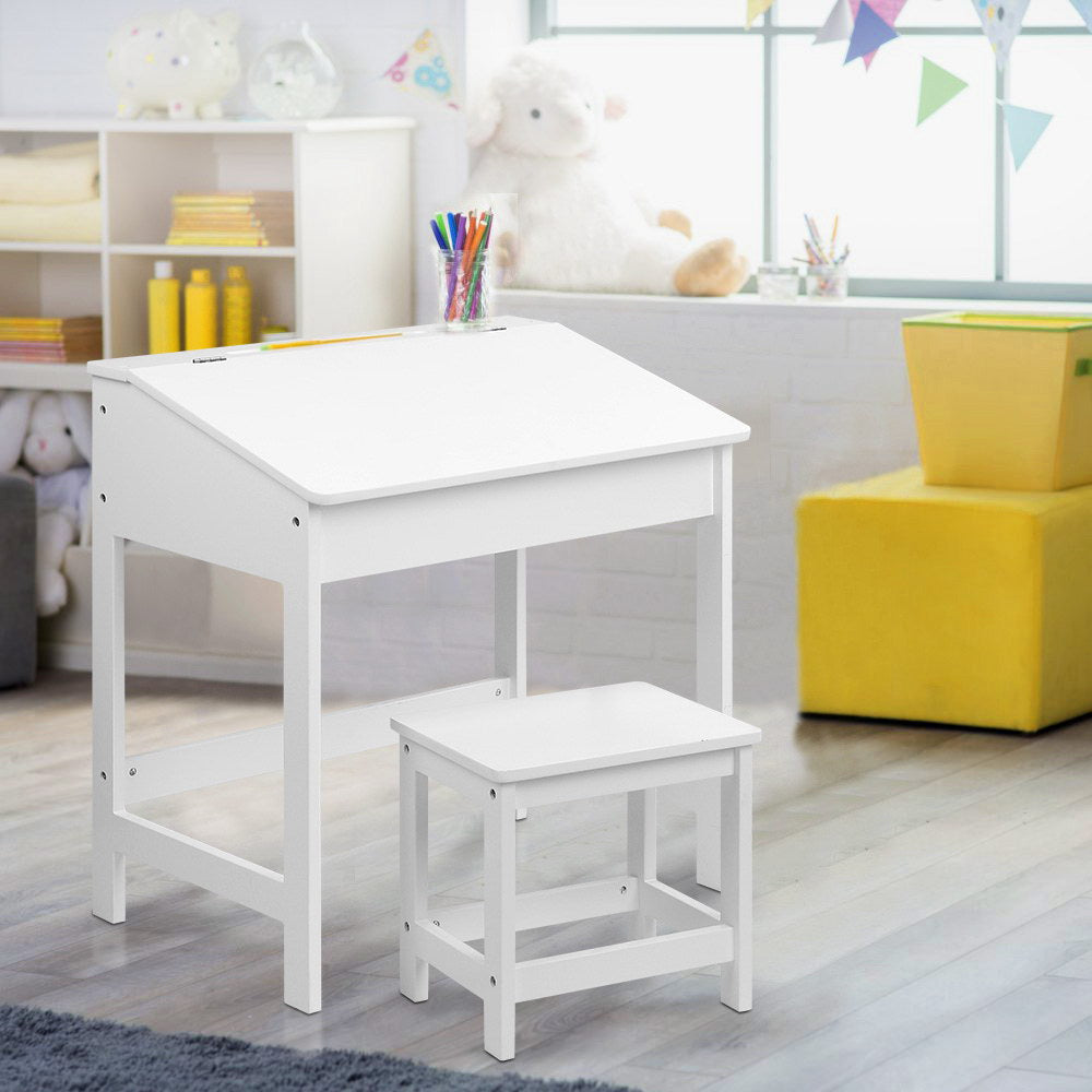 Kids Lift-Top Desk and Stool – Inclined Top with Storage, White MDF