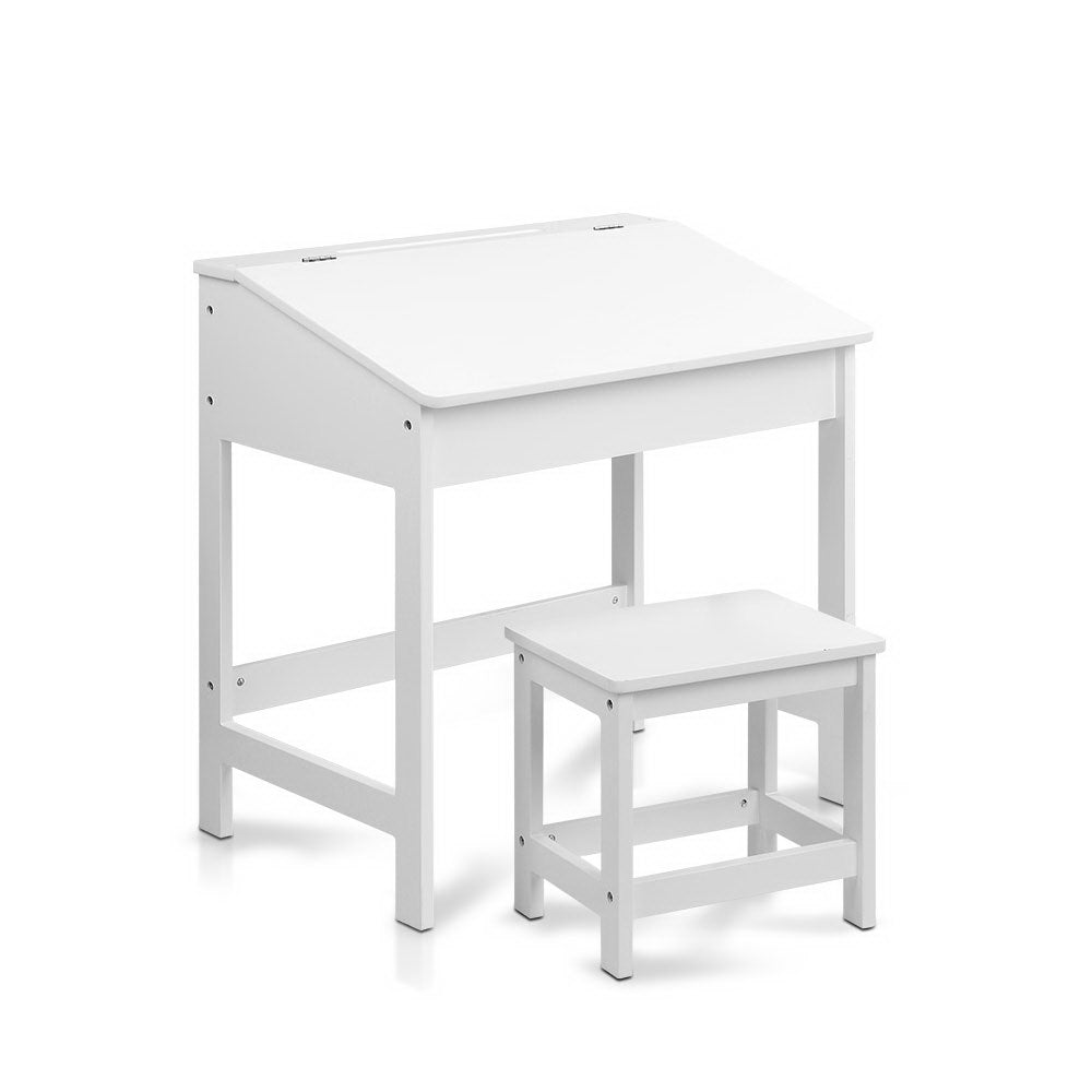Kids Lift-Top Desk and Stool – Inclined Top with Storage, White MDF