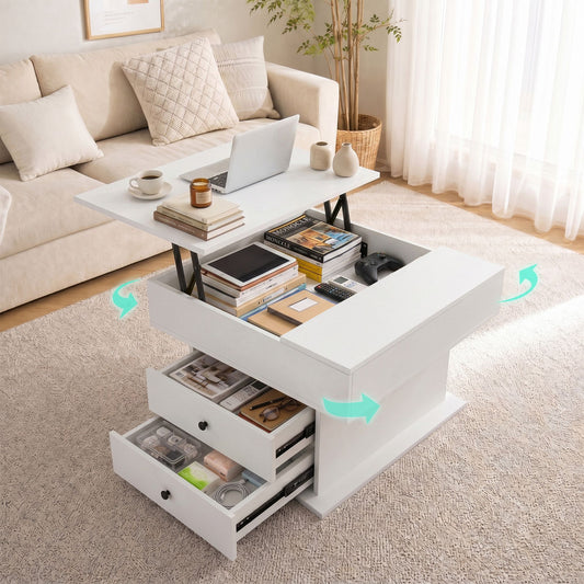TWSC Lift Top Coffee Table Centre Table with Rotating Top Hidden Storage White