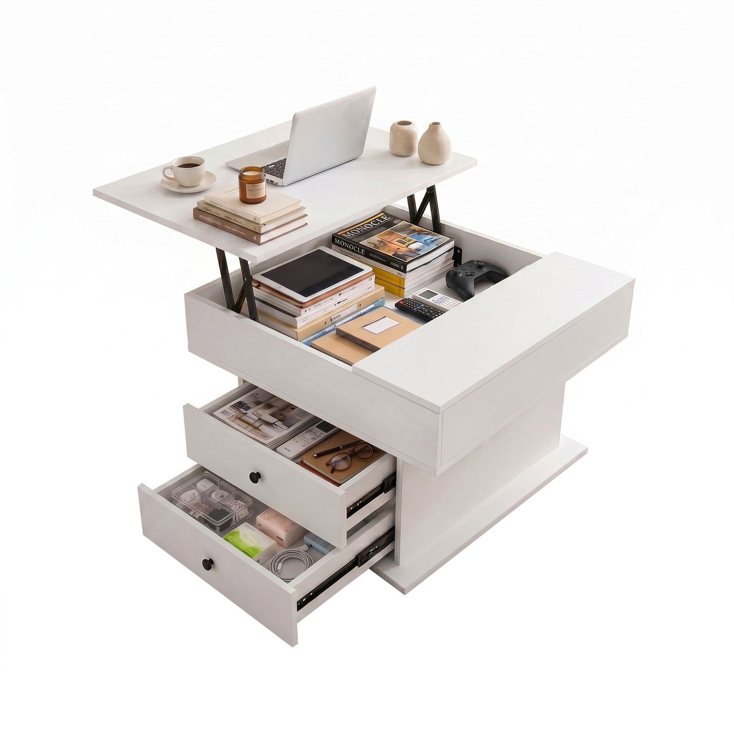 TWSC Lift Top Coffee Table Centre Table with Rotating Top Hidden Storage White