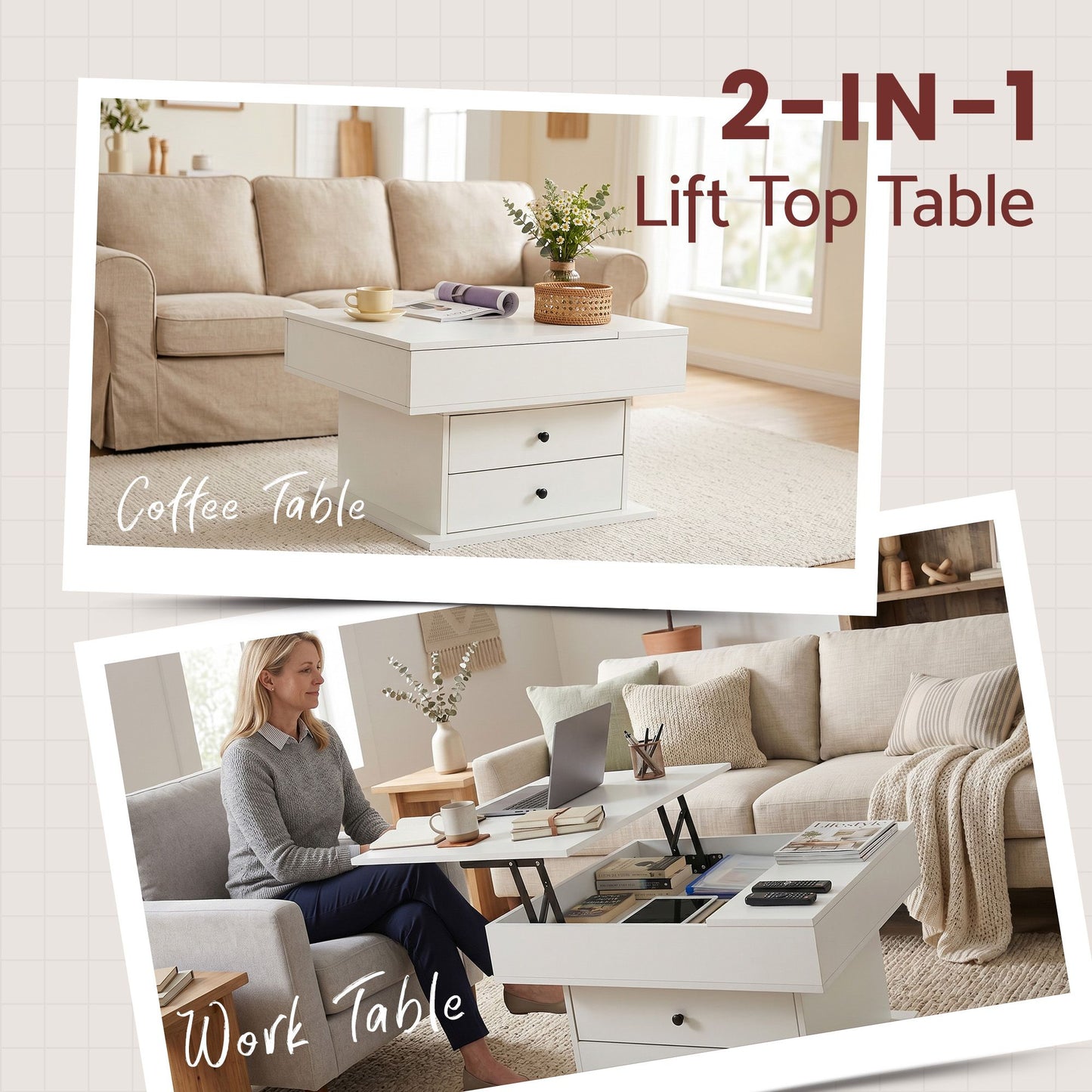 TWSC Lift Top Coffee Table Centre Table with Rotating Top Hidden Storage White