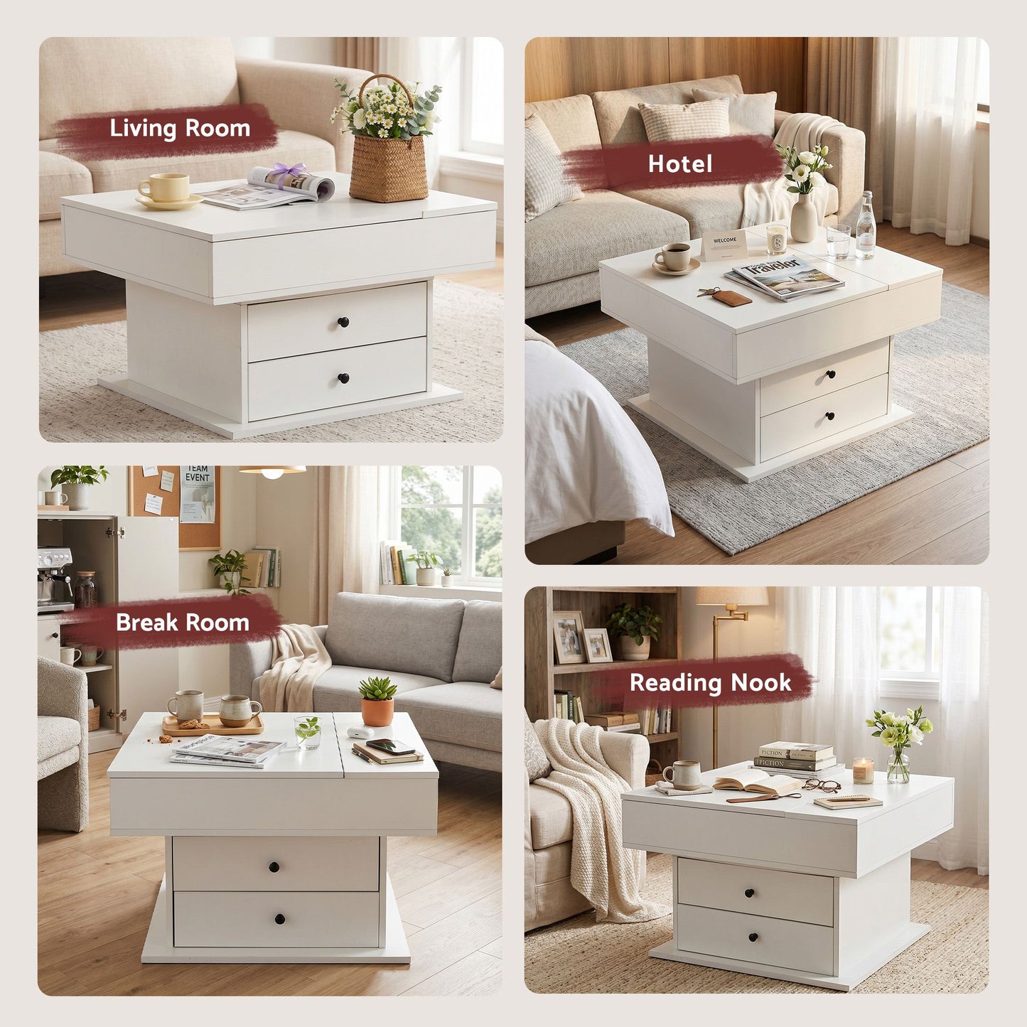 TWSC Lift Top Coffee Table Centre Table with Rotating Top Hidden Storage White