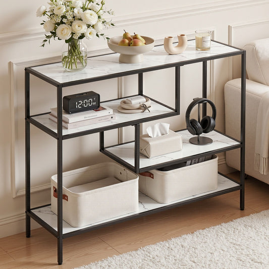 Console Table – Marble Effect, 4-Tier Storage, White