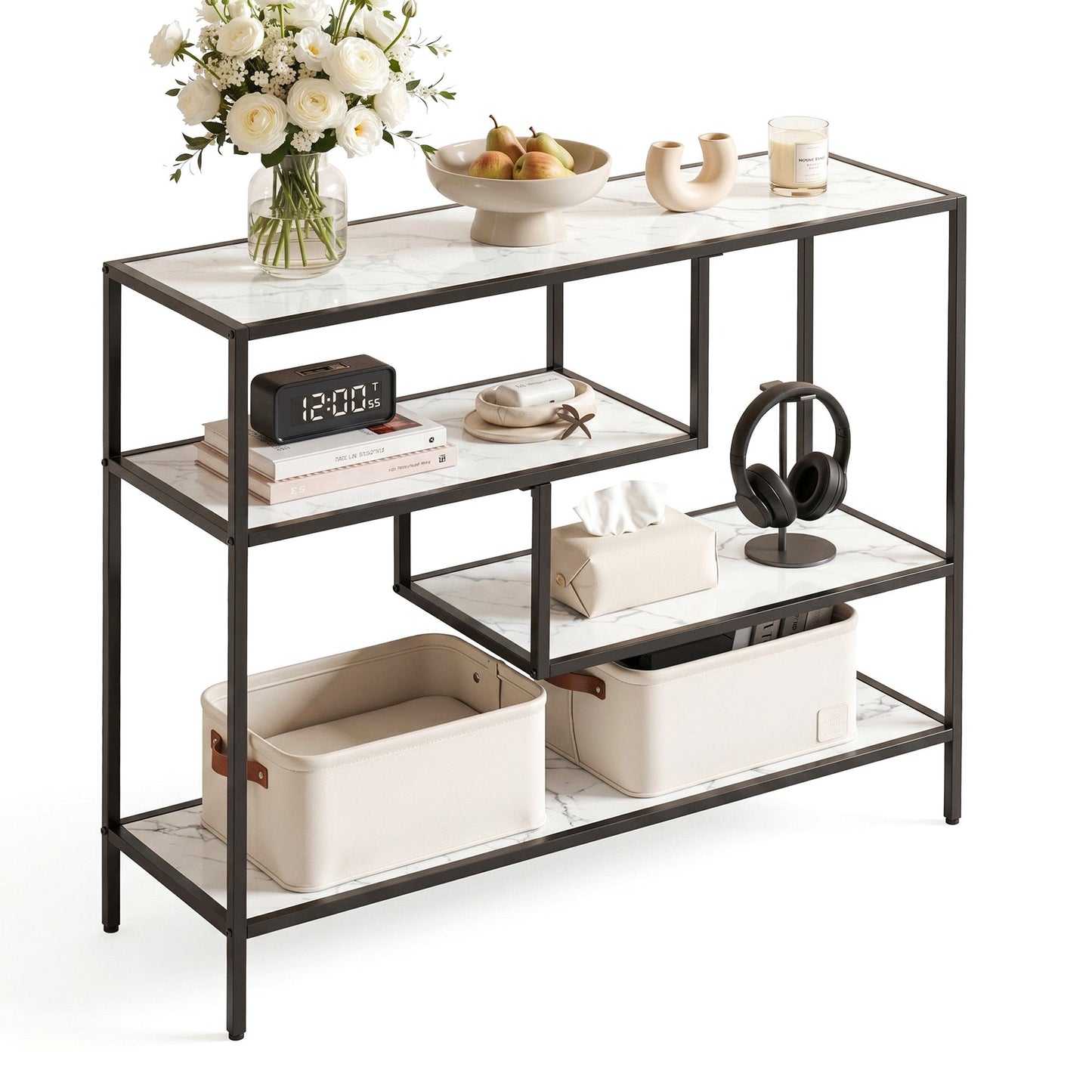 Console Table – Marble Effect, 4-Tier Storage, White