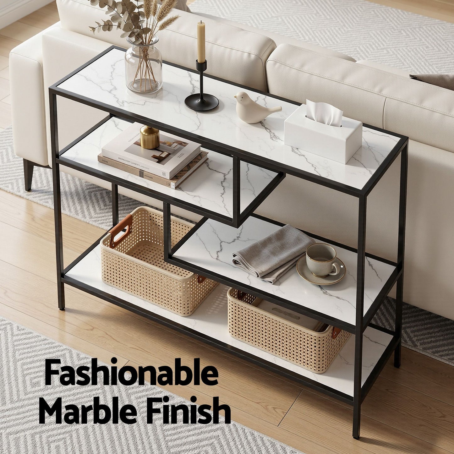 Console Table – Marble Effect, 4-Tier Storage, White