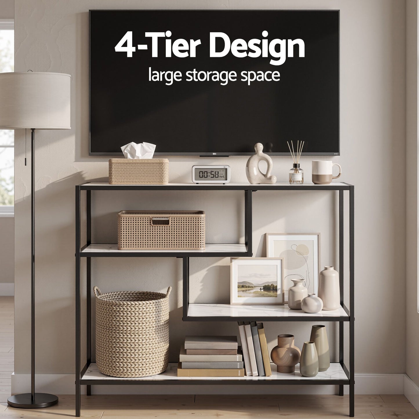 Console Table – Marble Effect, 4-Tier Storage, White